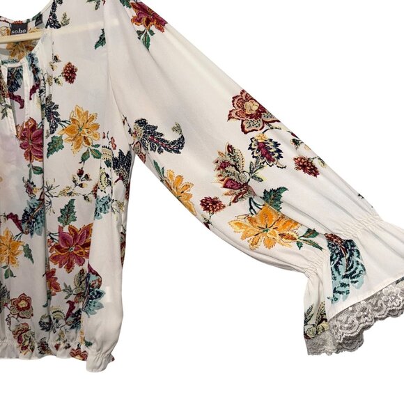 Soho New York & Co Womens Floral Long Sleeve Blouse With Lace Cuff Detail Size M - Picture 4 of 8
